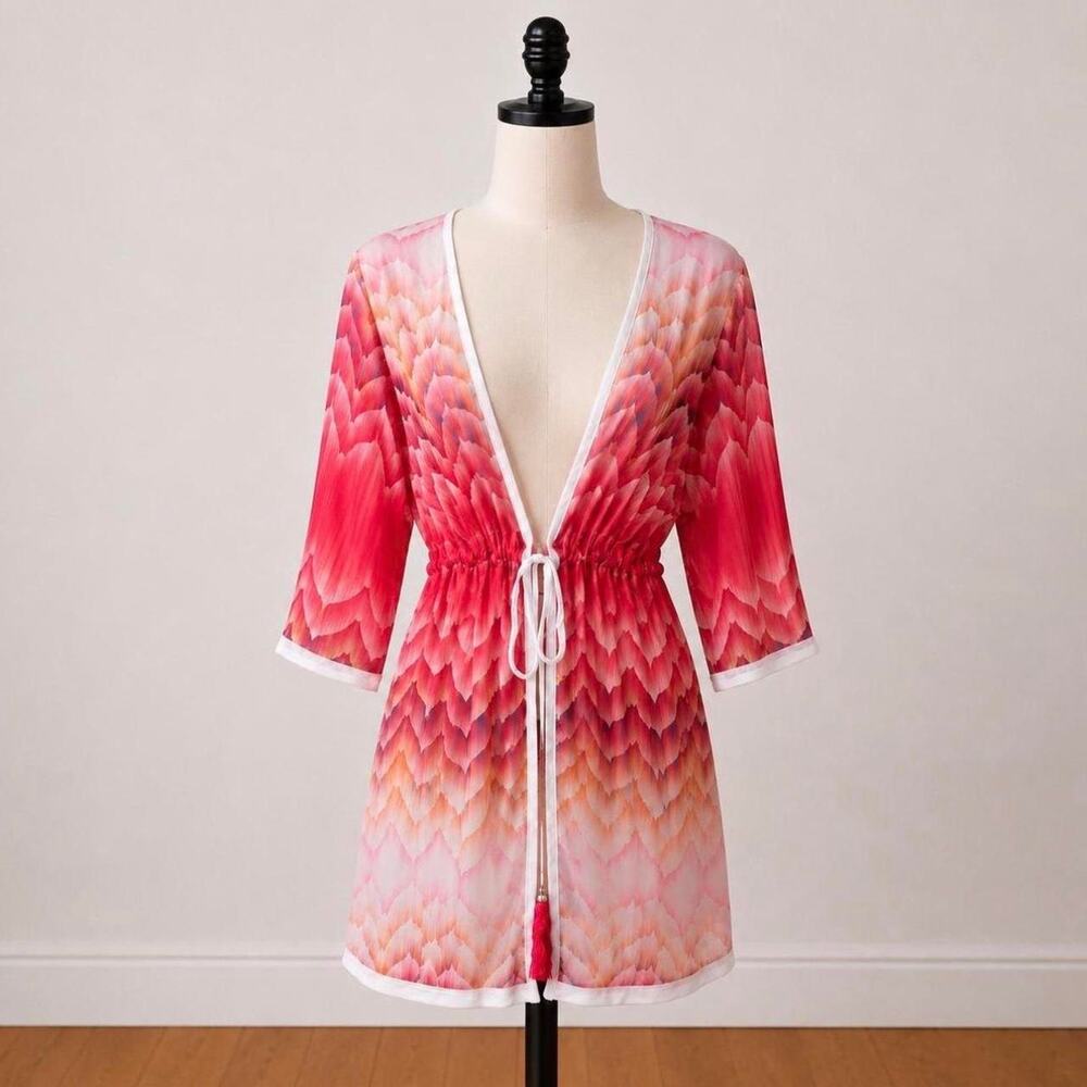 Venus pink abstract plunge tie front cover up dress size M